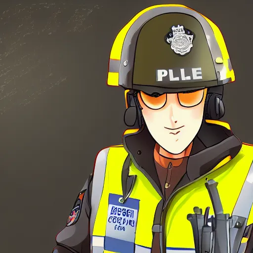 Image similar to A British police officer in London, wearing hivis and and a custodian helmet, anime art style, highly detailed, ambient lighting, trending on art station