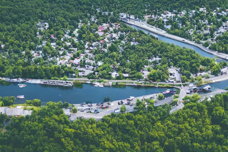 Image similar to bird's eye view of a small city with woods, trailer park, a road, bridge, and lagoon with docking area.