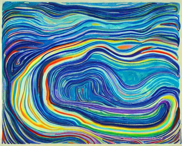 Image similar to Ocean waves in a psychedelic dream world. DMT. Curving rivers. Landscape painting by Edvard Munch. David Hockney. Takashi Murakami.