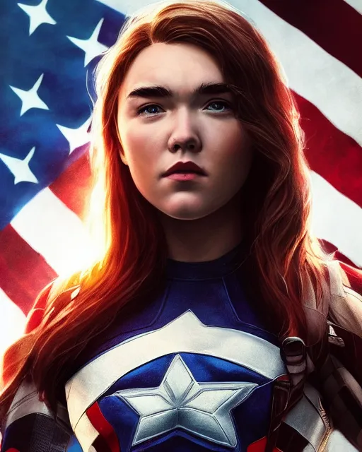 Prompt: 5 5 mm portrait photo of florence pugh as captain america. magical atmosphere. art by artgerm and greg rutkowski. highly detailed 8 k. intricate. lifelike. soft light. nikon d 8 5 0.