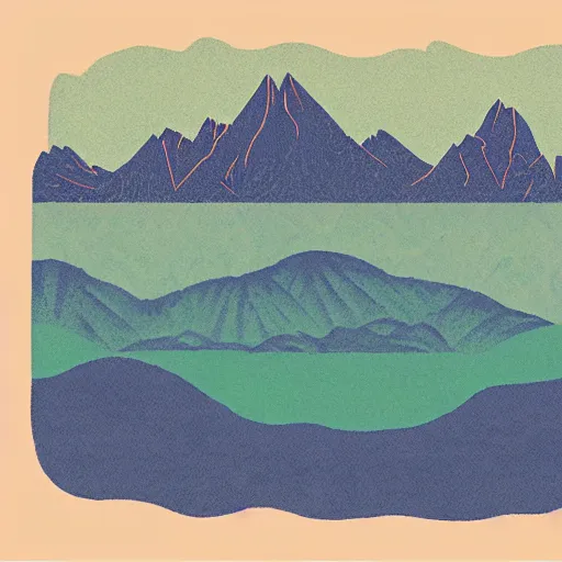 Prompt: Mountains and lakes in muted Risograph Art Style