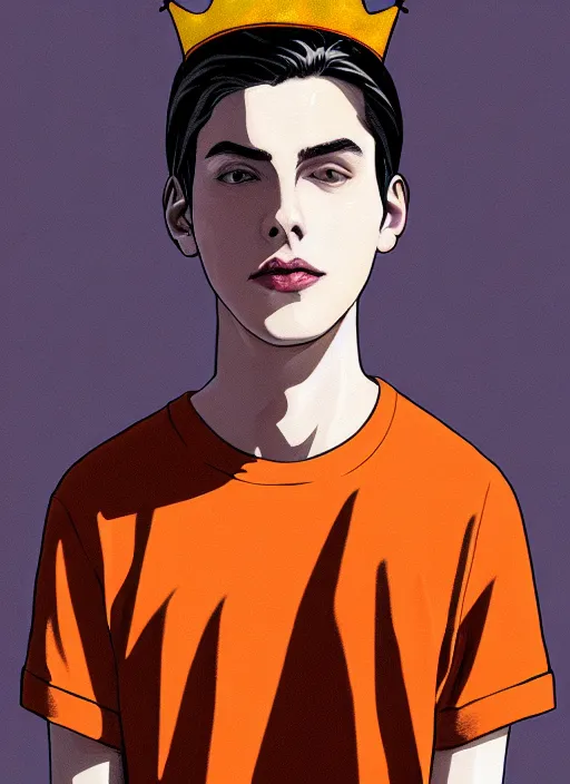 Image similar to portrait of teenage jughead jones wearing a light grey crown, crown, hamburger background, eyes closed, crown, black hair, orange, intricate, elegant, glowing lights, warm lighting, highly detailed, digital painting, artstation, concept art, smooth, sharp focus, illustration, art by wlop, mars ravelo and greg rutkowski