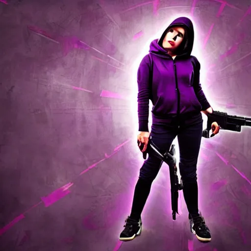 Image similar to poster artwork, sci fi, art type of photo, a female, full body, black hoodie techie, black hair with purple streaks, holding a gun, 8 k