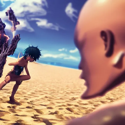 Prompt: onepunchman in sand beach, pixiv, instagram photo, 8 k, octane render, unreal engine 5, cinematic, full hd, ultra realistic, ultra detailed, 8 k 3 d