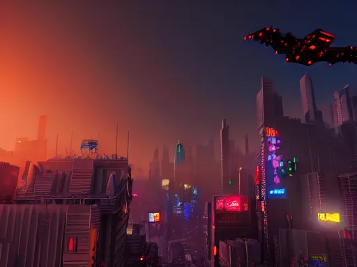 Prompt: a cinematic busy cyberpunk chinatown packed with flying vehicles, huge unknown creature dominate the skyline at dusk by nick hiatt, unreal engine trending on artstation