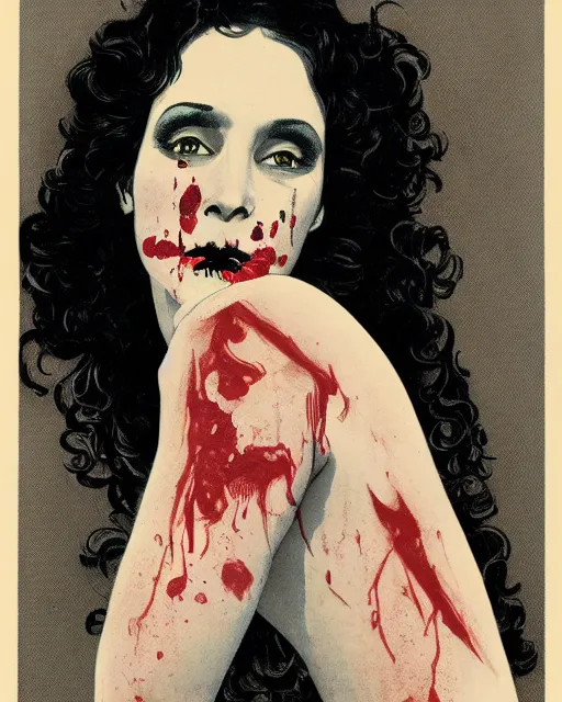 Image similar to a handsome but creepy, sinister, smiling young woman, with haunted eyes and curly hair, wearing emo clothing, 1 9 7 0 s, seventies, wallpaper, a little blood, moonlight showing injuries, delicate embellishments, painterly, offset printing technique, by brom, robert henri, walter popp