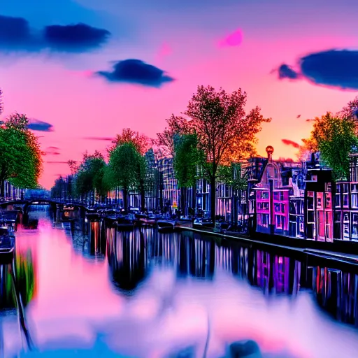 Prompt: amsterdam with in the year 2 1 4 5. 4 k blue pink purple sunset