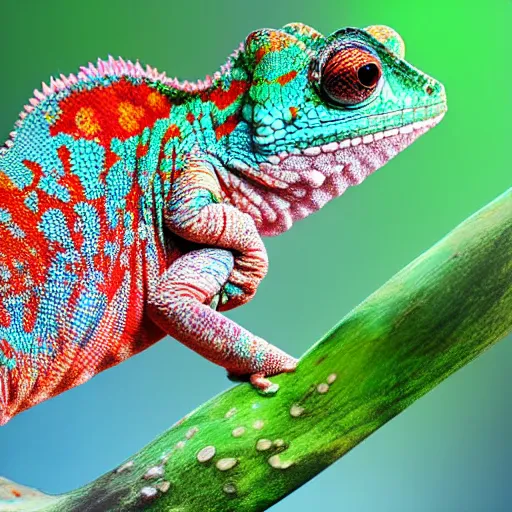 Prompt: cute chameleon with colorful heart pattern on scales detailed 3 d 4 k painting