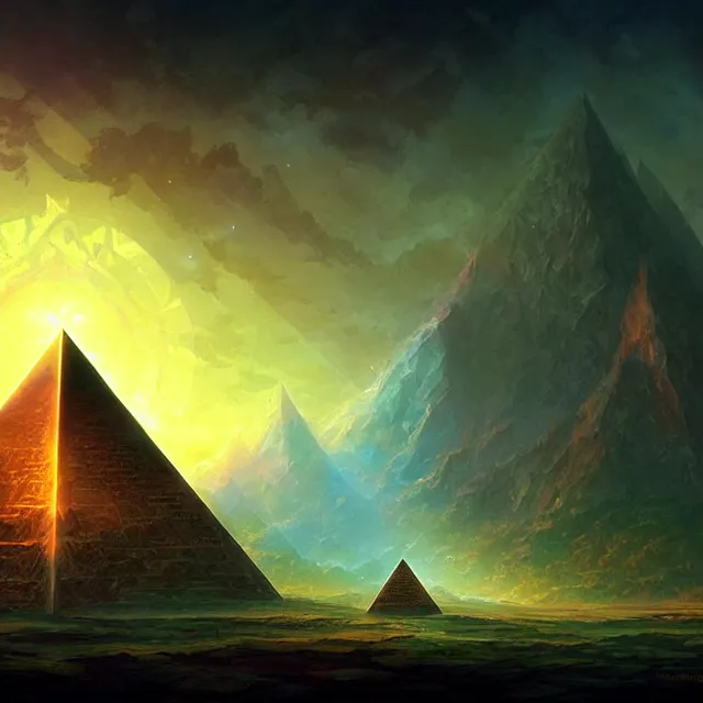 Prompt: the illuminati eye pyramid, a fantasy magical landscape seen in the distance, atmospheric lighting, intricate, volumetric lighting, beautiful, sharp focus, ultra detailed, in the art style of marc simonetti, bowater charlie and brom gerald, astrophotography