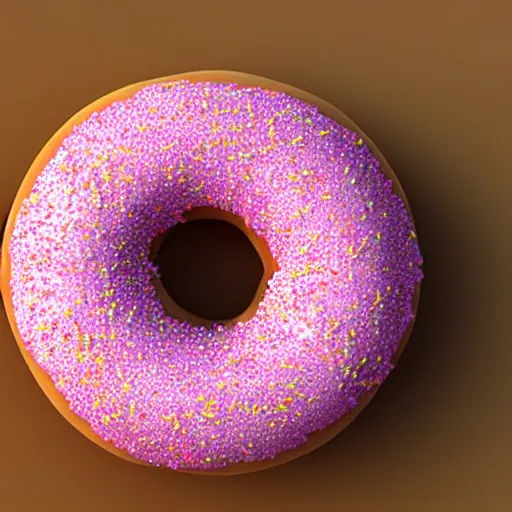 Image similar to 3 d render of realistic pink frosted donut with sprinkles, the donut has a bite taken out of it