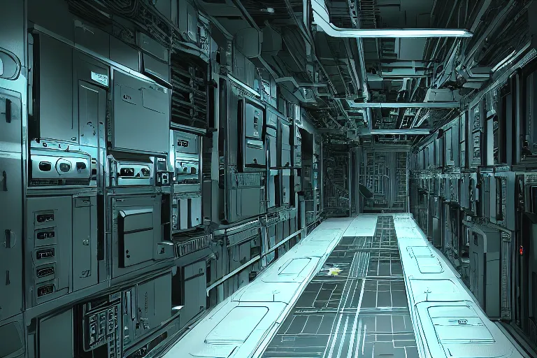 Image similar to parallax datacenter server room interior single mono colossus white rusty android guest robosaurus artstation cinematic detailed concept art sharp coherent cgsociety symmetric perfect well balanced shadows lotr swithes routers