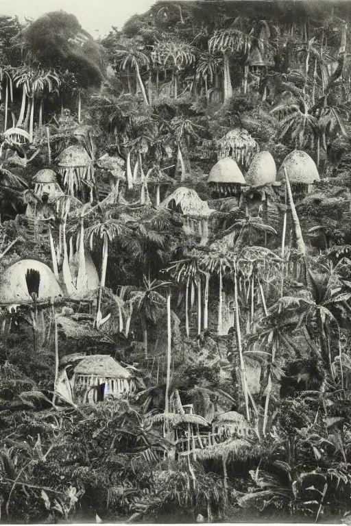 Image similar to alien village, jungle, black and white photography, year 1 9 0 0