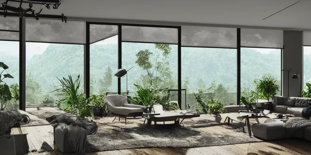 Image similar to a beautiful modern living room with wood floors, large windows with a beautiful view, an area rug, plants, forest, mountains, realistic, hd, 8 k, digital rendering, unreal engine, blender, octane, maya