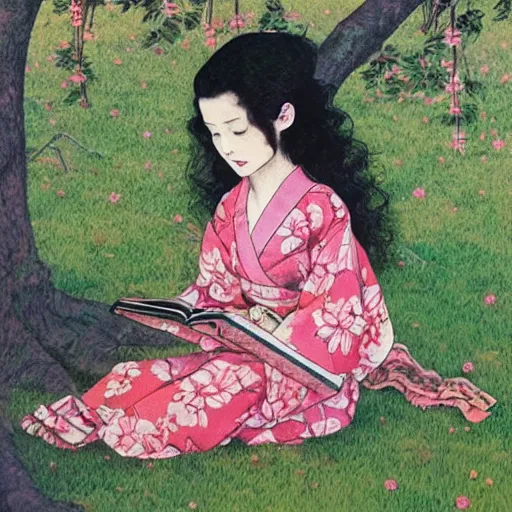 Image similar to beautiful little girl with long curly red hair dressed in a pink kimono and sitting next to a tree while reading a book, artwork made by ayami kojima, inspired in balthus, anatomically correct, higher details, realistic