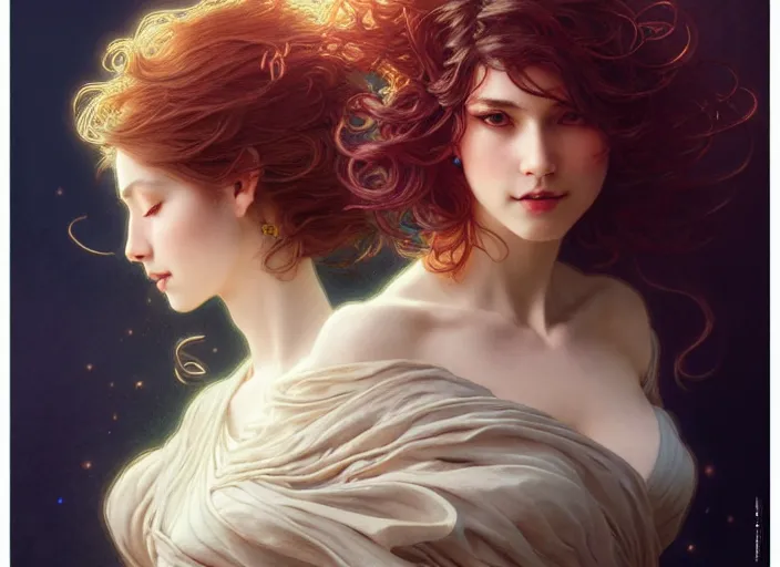 Image similar to portrait of 3 women with flowy hair, confident pose, pixie, genshin impact, intricate, elegant, sharp focus, soft bokeh, illustration, highly detailed, concept art, matte, trending on artstation, bright colors, art by wlop and artgerm and greg rutkowski, mucha, giger