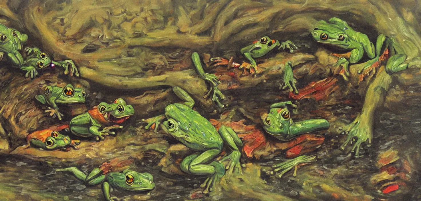 Prompt: distasteful painting of frogs crossing a small stream being watched by a very hungry caterpillar, sinister, angular, scumbled, oil painting