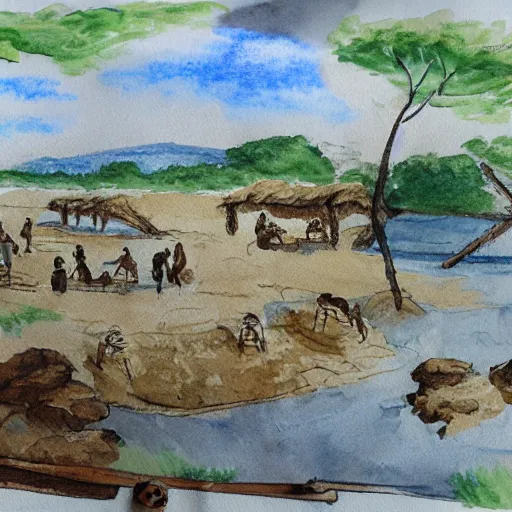 Image similar to watercolor concept sketch of a neolithic tribe living near a riverbank in neolithic england