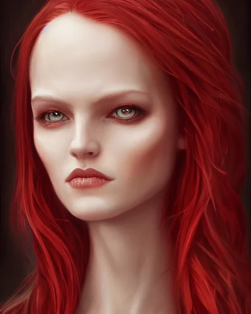 Prompt: a detailed matte oil on canvas head on symmetrical portrait of a distinguished elven woman with red hair on an empty background, by charlie bowater, lise deharme, wlop, trending on artstationhd, dungeons and dragons art, critical role