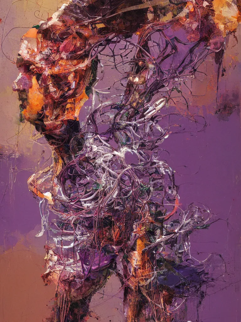 Image similar to a beautiful glitched painting by robert proch of an anatomy study of the human nervous system, color bleeding, pixel sorting, copper oxide and rust materials, brushstrokes by jeremy mann, cold top lighting, pastel purple background