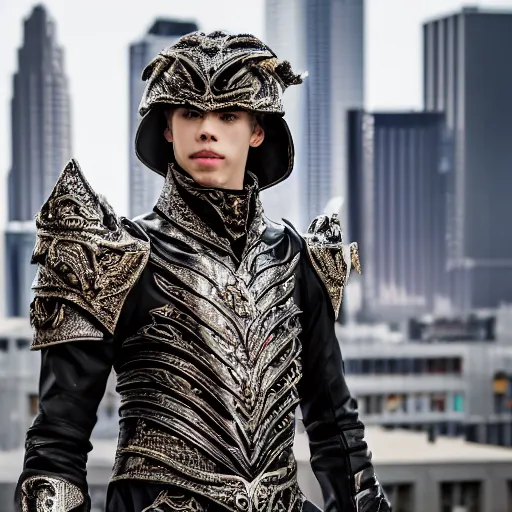 Image similar to Austin Butler dressed in futuristic-baroque duelist-garb and battle armor, standing in an arena, XF IQ4, f/1.4, ISO 200, 1/160s, 8K, RAW, unedited, symmetrical balance, face in-frame