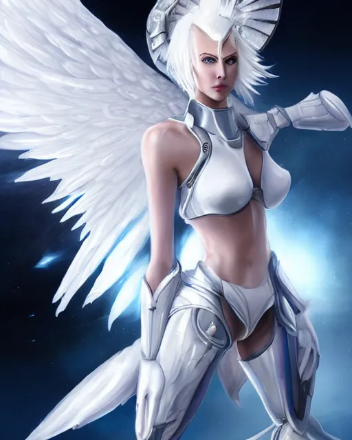 Prompt: perfect white haired attractive egyptian goddess with huge white dove wings, warframe armor, beautiful, symmetric, charlize theron, half asian, pretty face, blue eyes, cyborg, scifi platform, laboratory, experiment, 4 k, ultra realistic, epic lighting, android body, illuminated, cinematic, masterpiece, art by akihito tsukushi, voidstar