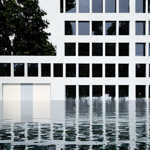 Image similar to flooded building entirely made of white tiles, liminal space, surreal, minimalist architecture,