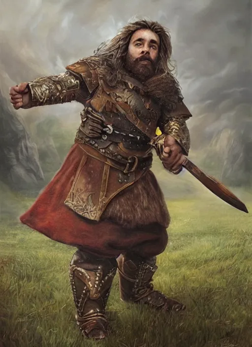 Prompt: A hyperrealistic fantasy portrait painting of a male dwarf on the battlefield