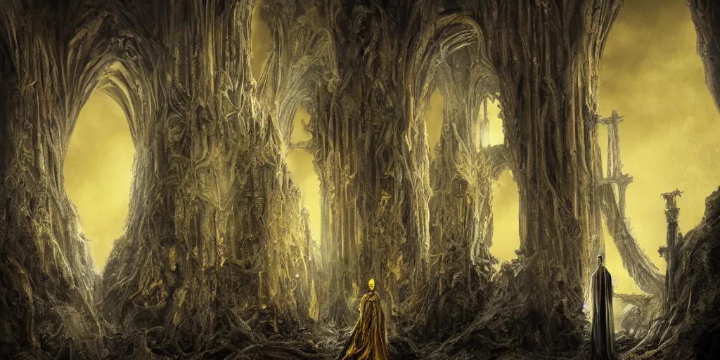 Image similar to a tall towering huge pale human wearing a yellow garment sitting upon an ornate stone throne, 4K, digital art, lovecraftian, lovecraft art, artstation, horror, dramatic, wearing a long yellow rotting garment, dark, hyperrealistic, dramatic perspective, complex (((dark))) cathedral background, dark background, highlights,