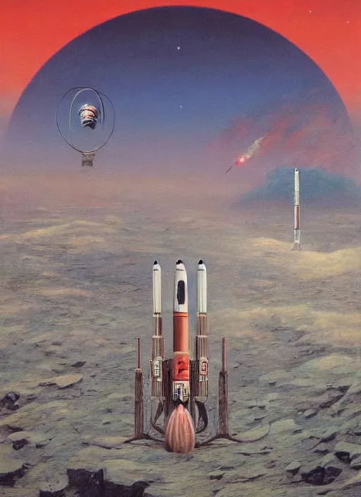 Image similar to A painting in a style of Beksinski featuring Elon Musk, rockets, mars and technology. Very detailed