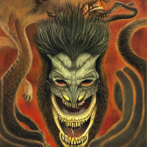 Prompt: demiurge head face eyes fangs serpent serpent python wearing a lion costume furry ears neck neck tall long viper tombow peter doig greg rutkowski giorgio de chirico arsen savadov dan witz vik muniz