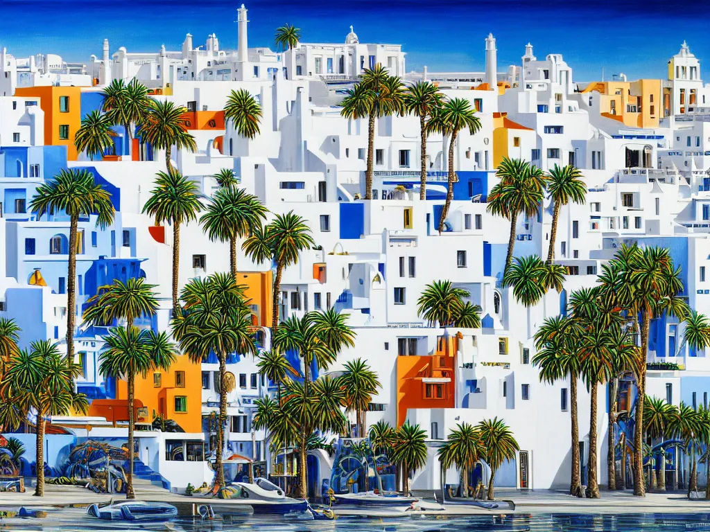 Image similar to hyperrealistic painting of lanzarote, mechanical designs, white houses and palms, technological, detailed engineering, vivid color, elegant, meticulous, cinematic, cyberpunk style, highly detailed, realism, intricate, acrylic on canvas, 8 k resolution, concept art, by noriyoshi ohrai, francesco di giorgio martini