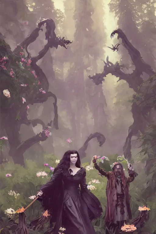 Image similar to hagrid the viking and gothic medieval morticia addams walking in enchanted forest with flowers, greg manchess painting by sargent and leyendecker, fantasy medium shot asymmetrical intricate elegant matte painting illustration hearthstone, by greg rutkowski by greg tocchini by james gilleard