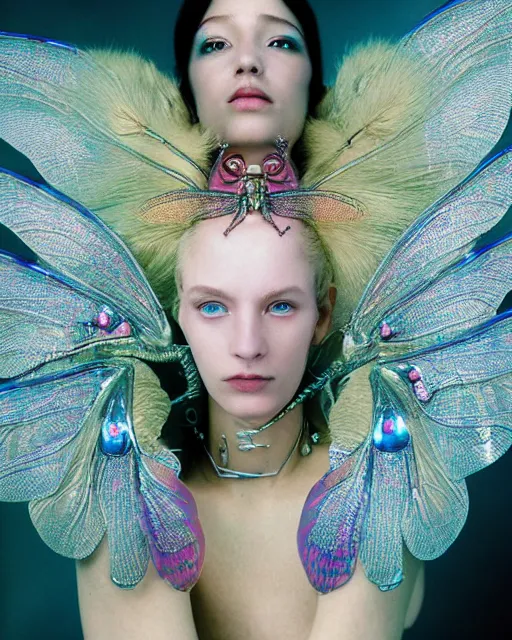 Image similar to natural light, soft focus portrait of a cyberpunk anthropomorphic dragonfly with soft synthetic pink skin, blue bioluminescent plastics, smooth shiny metal, elaborate ornate head piece, piercings, skin textures, by annie leibovitz, paul lehr