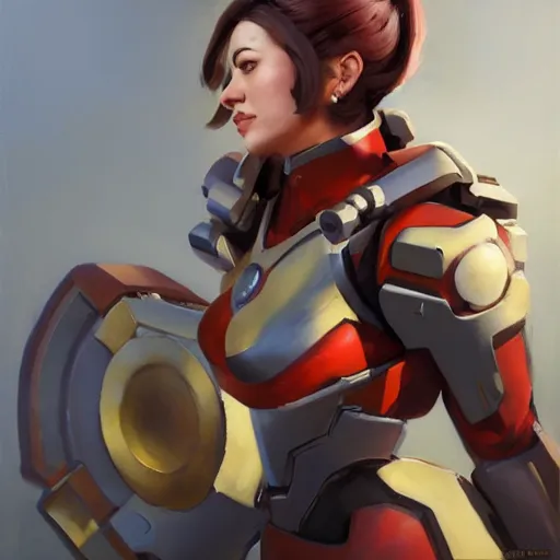 Image similar to greg manchess portrait painting of a female ironman as overwatch character, medium shot, asymmetrical, profile picture, organic painting, sunny day, matte painting, bold shapes, hard edges, street art, trending on artstation, by huang guangjian, gil elvgren, ruan jia, greg rutkowski, gaston bussiere