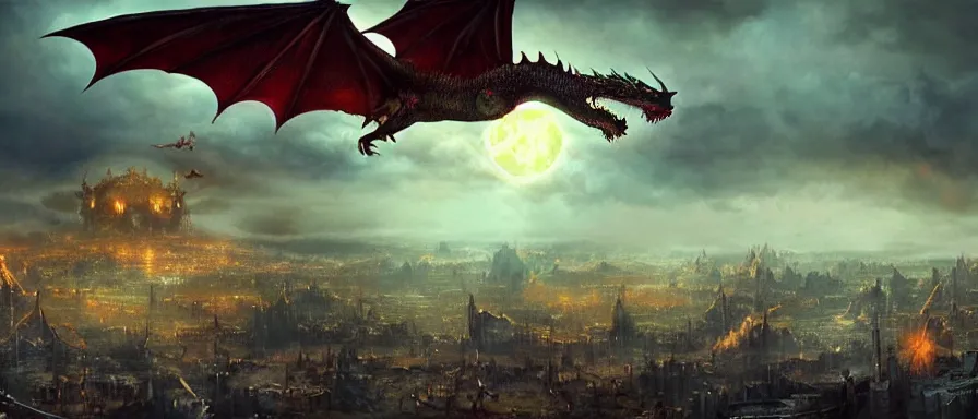 Prompt: dragons flying over the mega city, detailed matte painting, doomsday, trending on artstation, art by Alan Lee, Alexander Jansson, cinematic, full of color