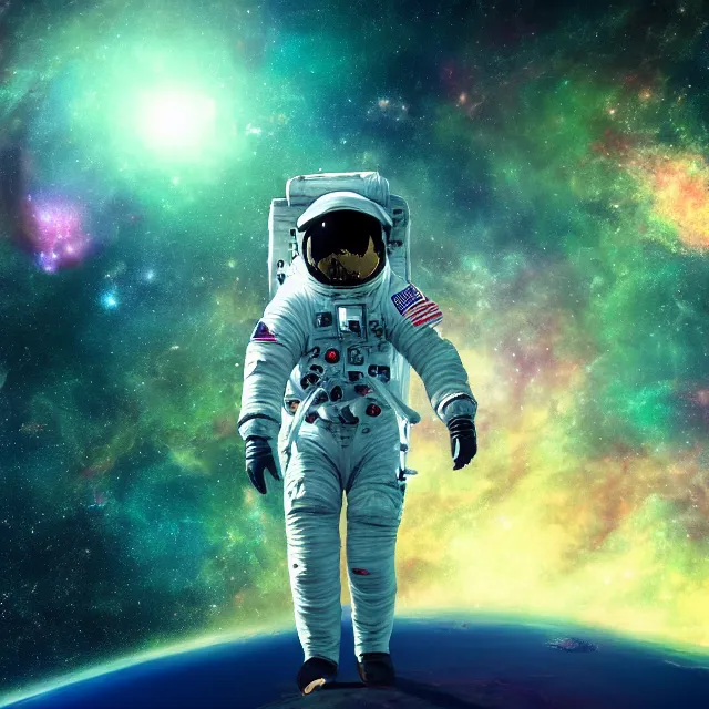 Image similar to - an astronaut standing on the edge of the universe trying to make sense of the world with psychedelic backgrounds, 4 k, trending on artstation, renaissance