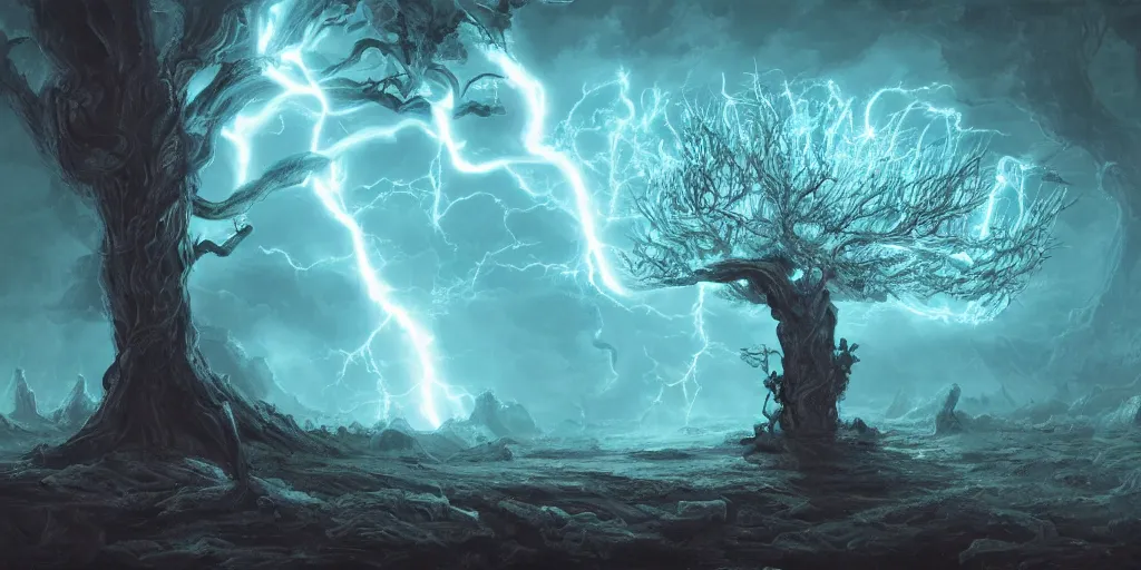 Prompt: the lightning tree, overexposure, electricity, night, unreal engine, digital art, 8 k, oil painting, fantasy art, illustration, detailed and intricate environment