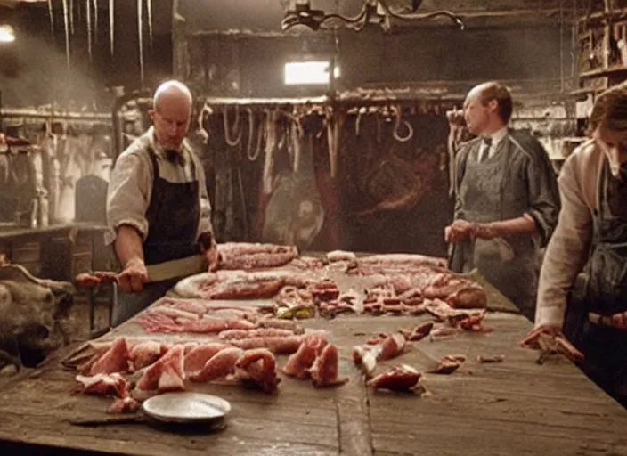 Image similar to a film still of a butchery in harry potter