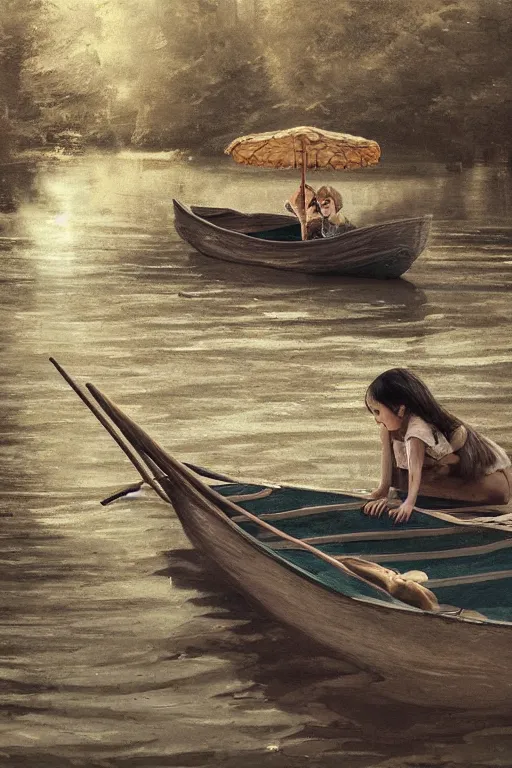 Image similar to a little girl and her puppy sit in a small bamboo boat in a lake, with renaissance ambiance, moonlit night dreamy atmosphere, artstation, 8K