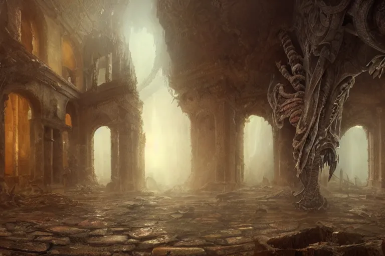 Image similar to ultra realist soft painting of a single lovecraftian gigantic creature, inside ruins, very intricate details, dense fog, golden ratio, volumetric cinematic lighting, reflections, refractions, symmetry accurate anatomy features, omnious background, unreal render