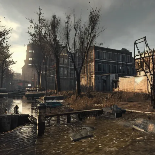 Image similar to De Dam in Amsterdam in ruins post-nuclear war in Fallout 4, in game screenshot