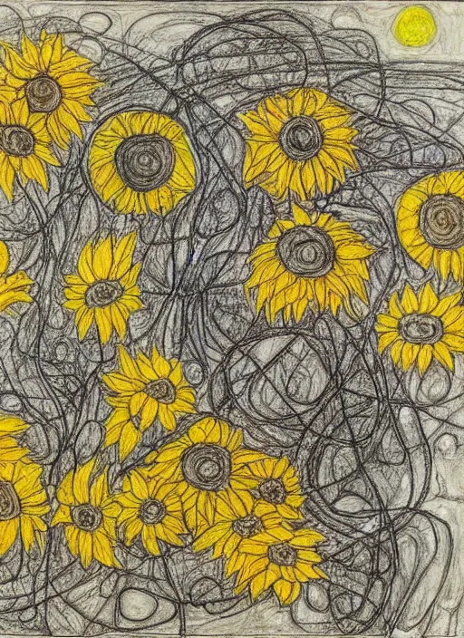 Image similar to an intricate drawing of a intertwined sunflowers by Egon Schiele and Piet Mondrian