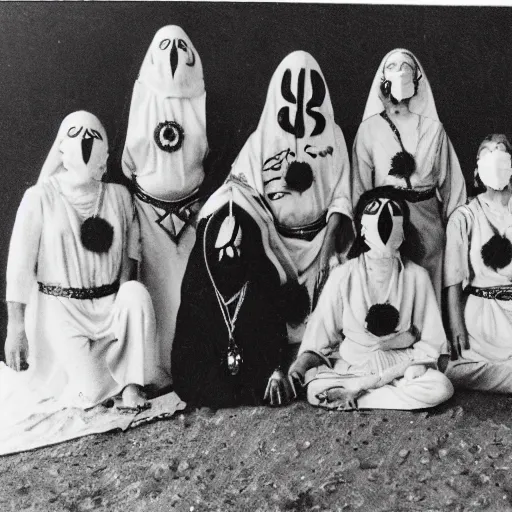 Image similar to vintage photo group portrait of a esoteric cult members in desert, early black and white 8mm, wear red tunics and gold mask and jewels