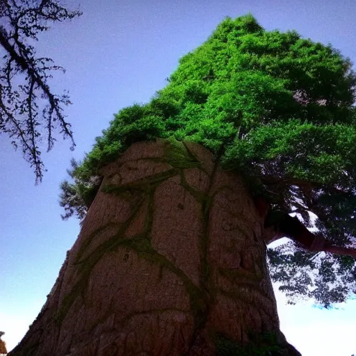 Prompt: deku tree from ocarina of time as a real tree, wide angle photo, full tree in frame, surrounded by rock walls, facial features on the tree look like an older man