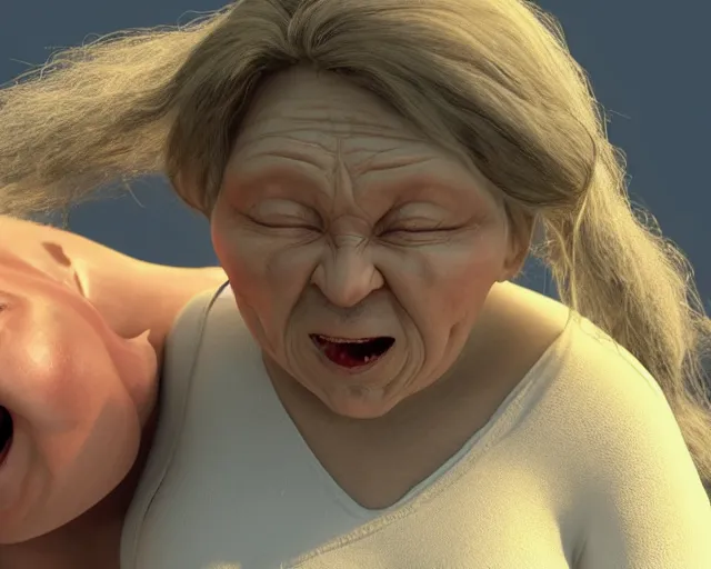 Image similar to of a very beautiful scene. ambient occlusion render. a sweet fat old woman is giving birth to her self as a baby. hyper realistic. 4 k. wide angle. wild. symmetrical face, red mouth, blue eyes. deep focus, lovely scene. ambient occlusion render. concept art. unreal engine.