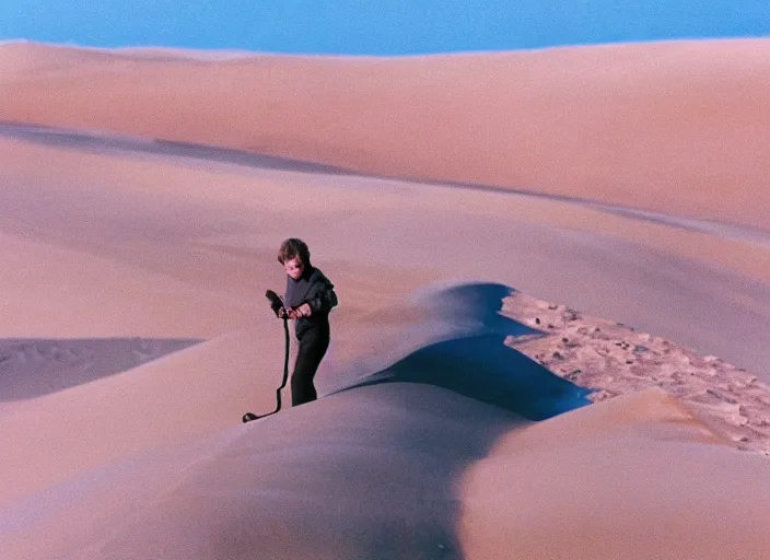 Image similar to detailed protrait photo of Luke skywalker vacuuming sand dunes. a pink dune, screenshot from the 1985 film, Photographed with Leica Summilux-M 24 mm lens, ISO 100, f/8, Portra 400