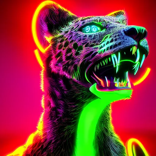 Prompt: portrait of a neon cyberpunk jaguar animal snarling, octane render