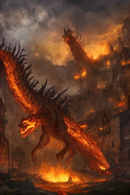 Image similar to a medieval village being attacked by a giant fire dragon, digital art, high quality, 4k HDR, concept art, trending on DeviantArt, highly detailed, tarot card, fantasy style, dramatic lighting, cinematic, path tracing
