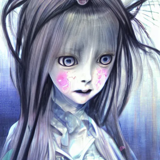 Image similar to yoshitaka amano realistic photo of a sinister anime girl with big eyes and long white hair wearing dress suit with tie and surrounded by abstract junji ito style patterns in the background, blurred and dreamy photo, noisy film grain effect, highly detailed, oil painting with expressive brush strokes, weird portrait angle