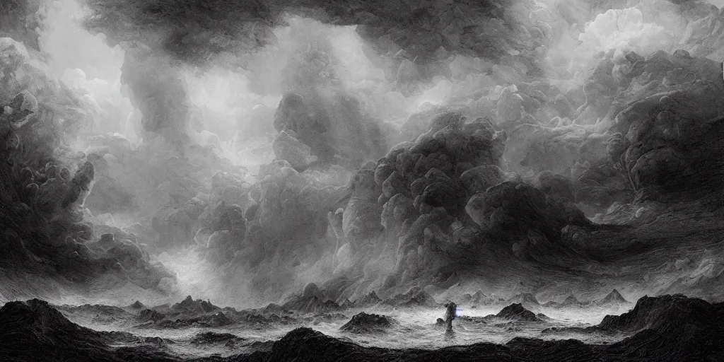 Prompt: in the raging storm, prehistoric landscape, drawn by christan delort!! and jean gireaud, and gustave dore, graphic black and white, engraving, hatching, low camera, wide angle, centered composition, golden ratio